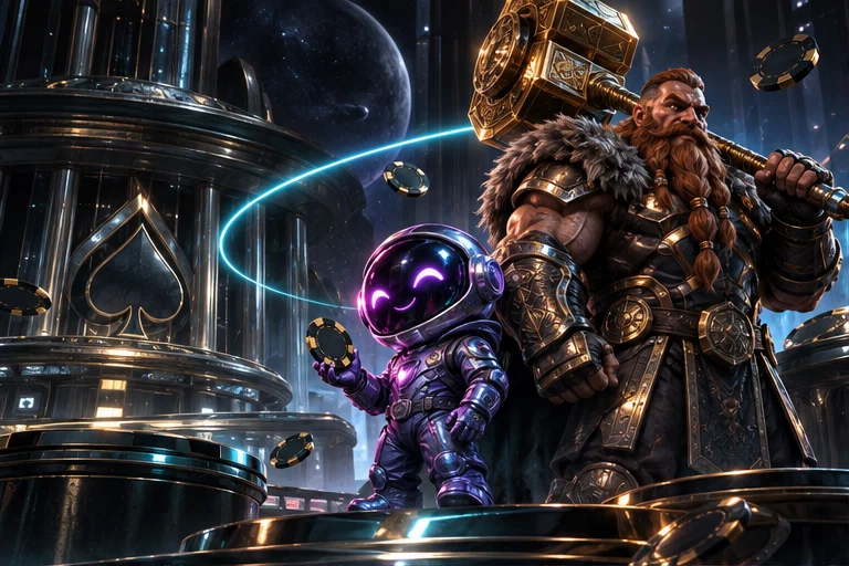Fantasy-Krieger mit Hammer und violettem Astronauten