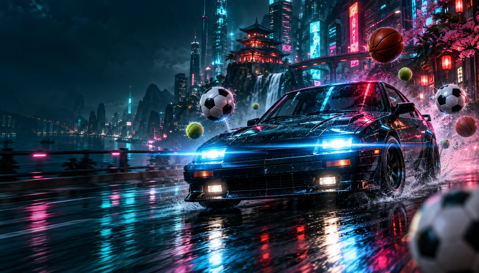 Neon-Sportwagen mit schwebenden Fußbällen