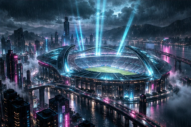 Futuristisches Fußballstadion in der regnerischen Neonstadt